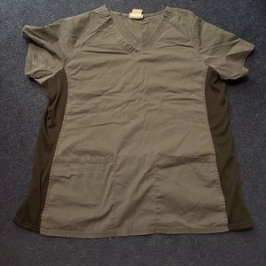 Size XL Grey Scrub Top with Black Stretchy and breathable panels on the sides